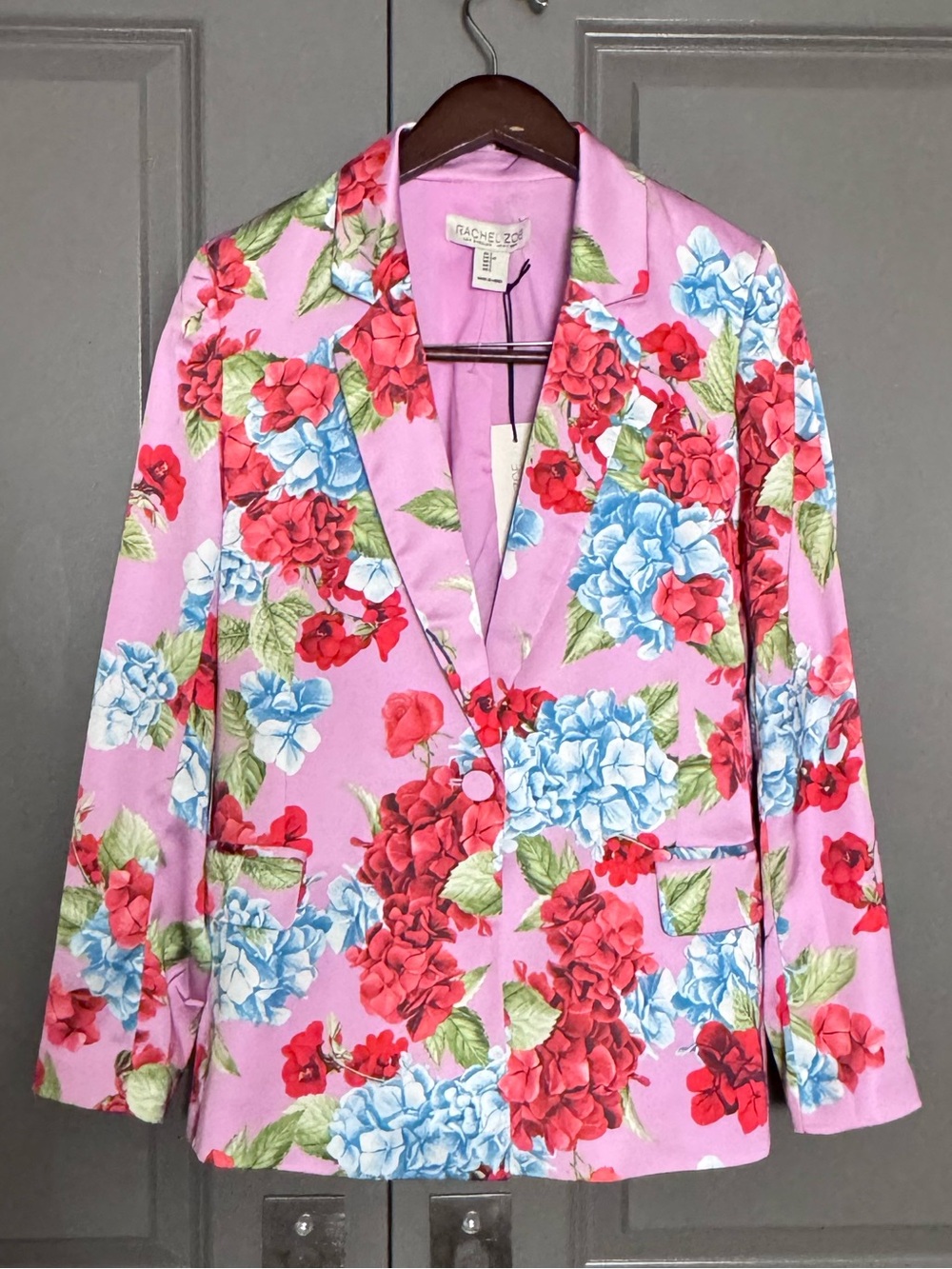 NWT Rachel Zoe Pink Satin Floral Hydrangea Single Button Blazer Jacket Small